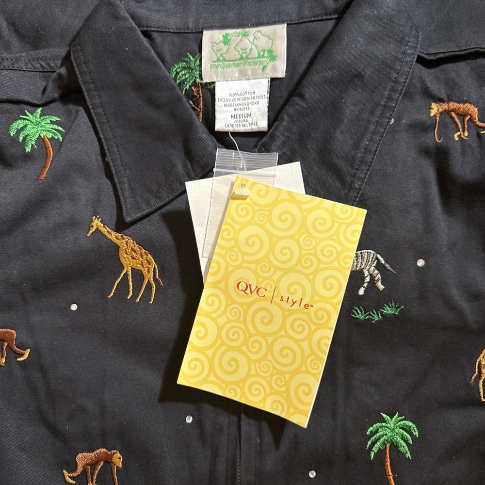 QVC Quacker Factory Black Full Zip‎ Shirt Jacket Zoo Animals Palm Trees Size L